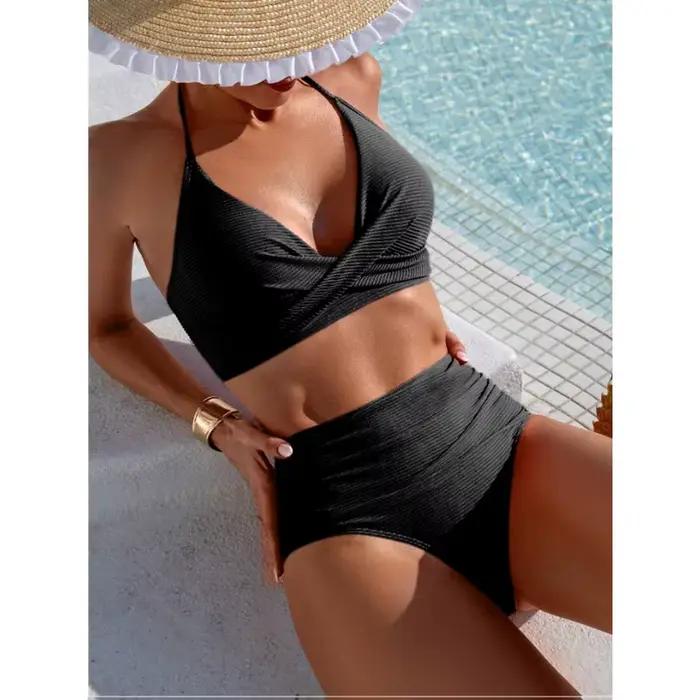 Maillot de bain noir femme taille haute effet ventre plat, ensemble bikini élégant à col monté, nouv