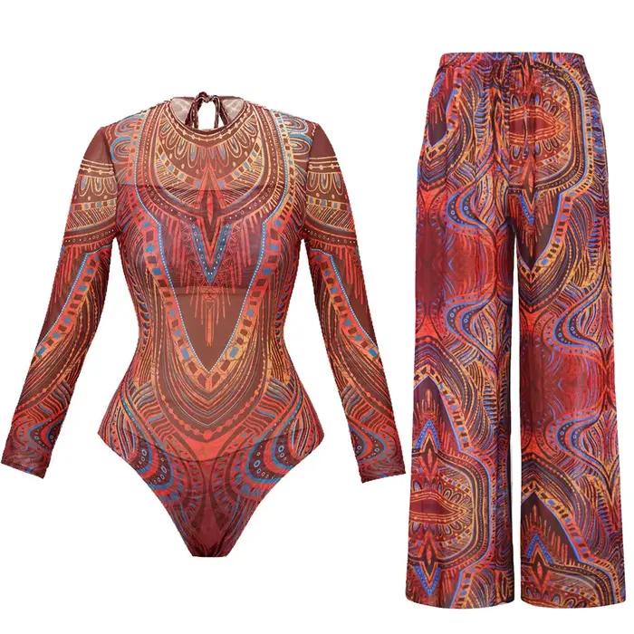 Maillot de bain imprimé à manches longues avec pantalon, une pièce, pour femmes, XS - XXL, V7094