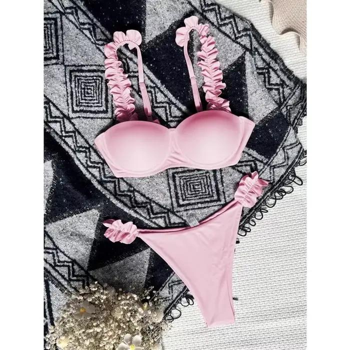 Push Up Bikini ensemble femmes maillots de bain Sexy froncé jarretelle maillot de bain Micro Bikini