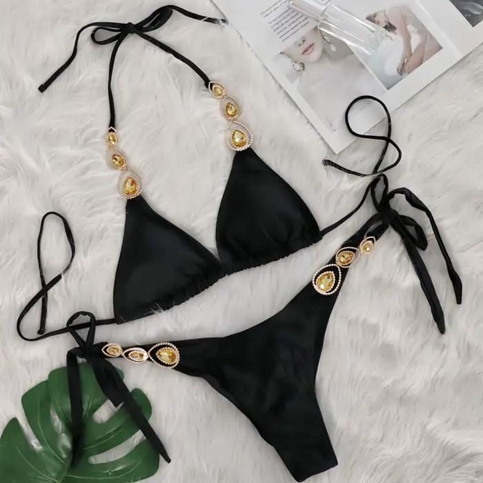 DEKA Ensemble de bikini sexy à chaînes métalliques et diamants, maillot de bain brillant en strass p