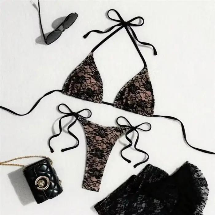 Triangle String licou Bikinis ensembles 3 pièces noir dentelle maille maillots de bain String Sexy m