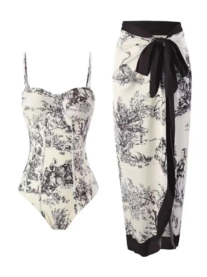 Strppy imprimé maillot de bain une pièce avec robe de plage 2025 femmes Sexy Push Up maillots de bai