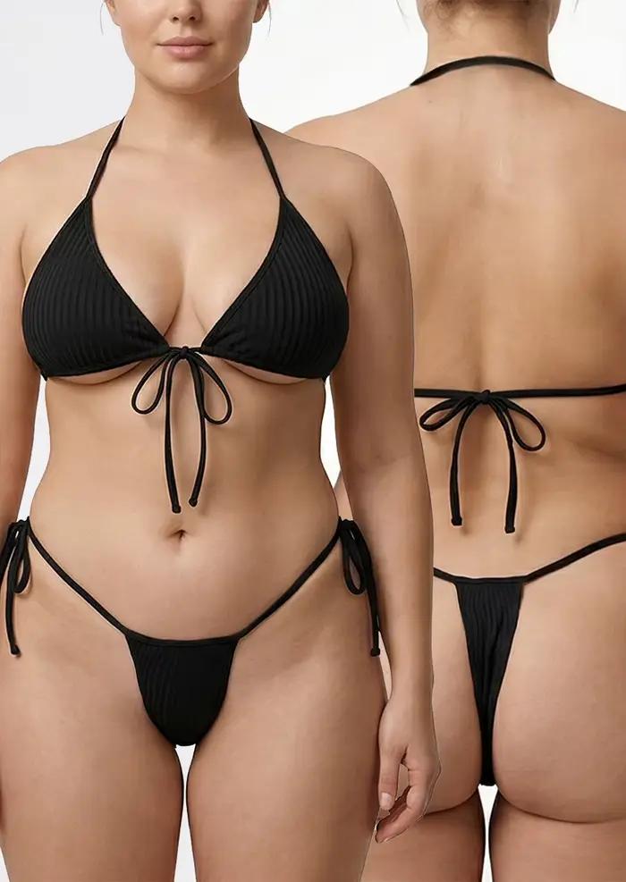 Ensemble bikini dos nu grande taille pour femme, noir uni côtelé, maillot de bain deux pièces à noue