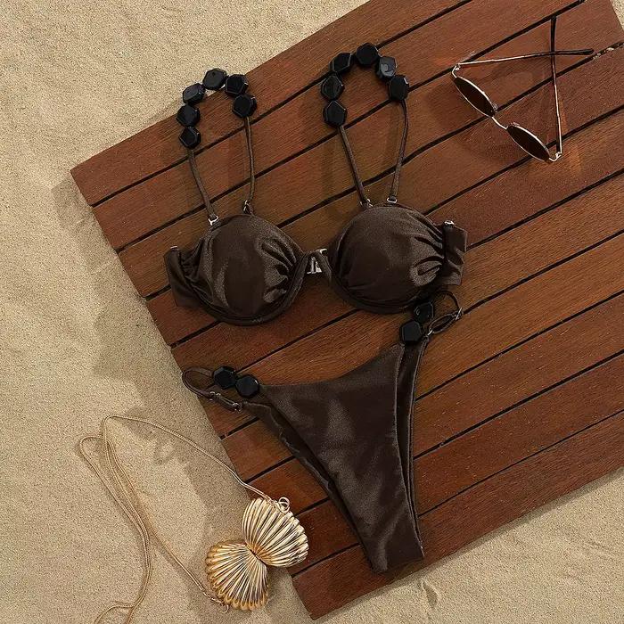 Ensemble de bikini sexy 2026 taille haute imprimé doré pour femme, maillot de bain push-up, biquini