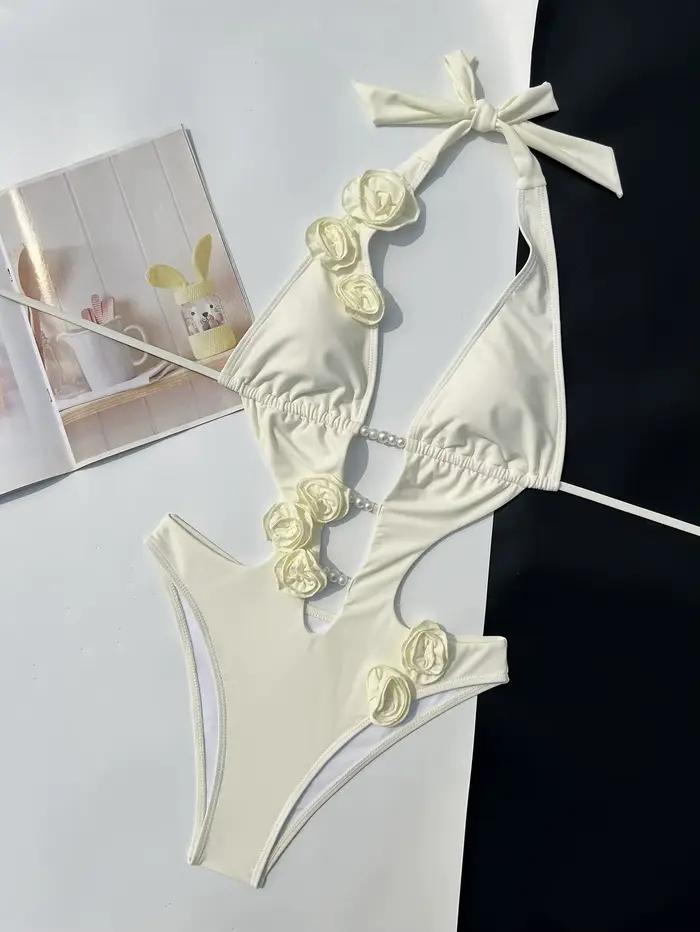 Luxe une pièce maillot de bain fleuri Sexy Bikini femmes Monokini fausse perle maillots de bain été
