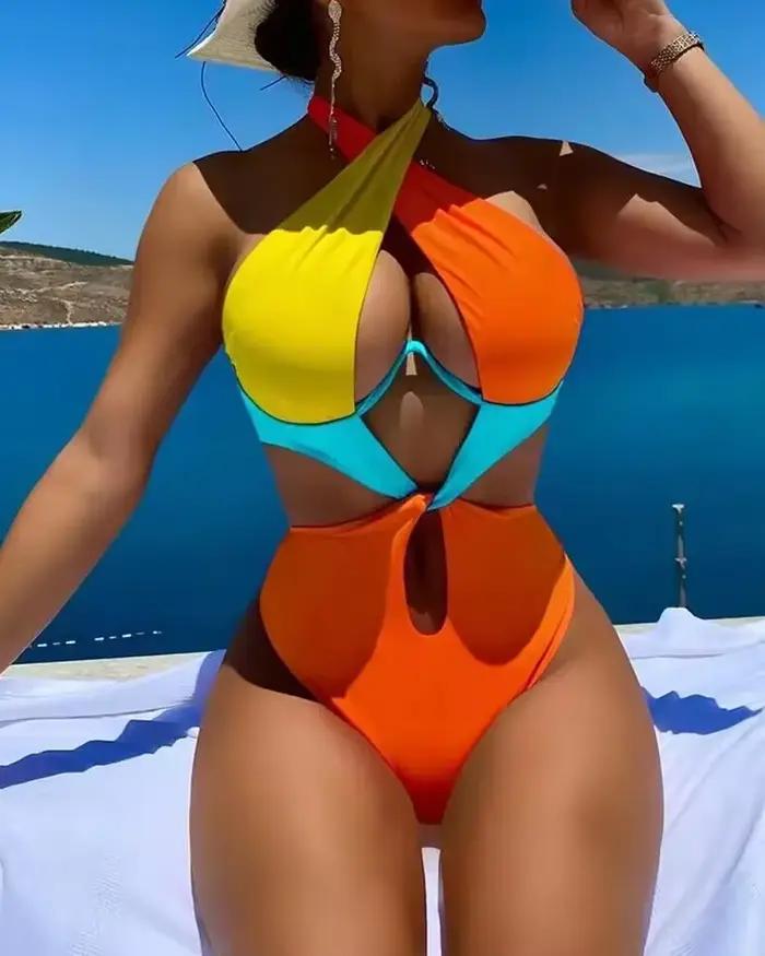 Maillot de bain une pièce sexy rose contrastant 2026 pour femmes style halter croisé avec armatures et découpes idéal pour la plage et les vacances occaions spéciales