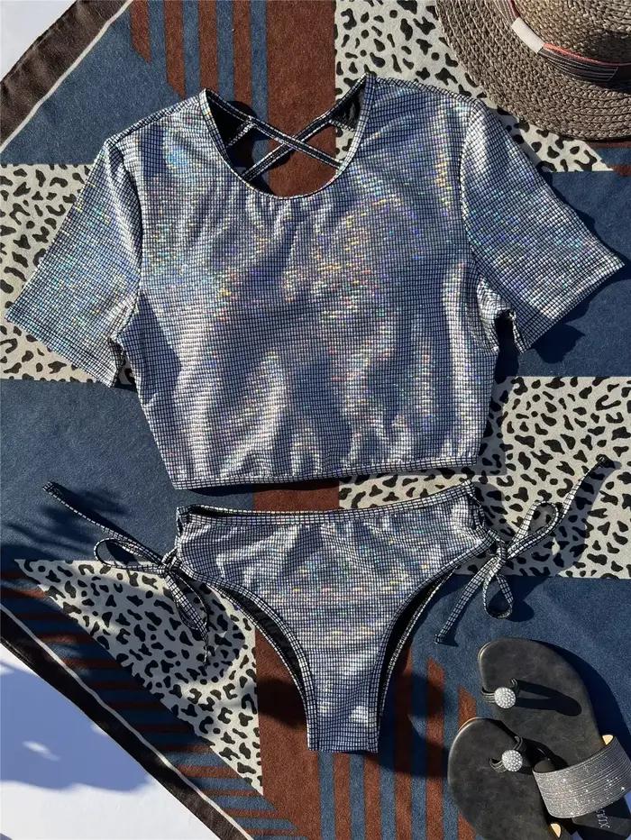 Maillot de bain deux pièces argenté à sequins pour femme