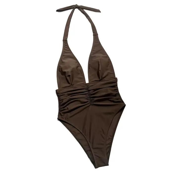 Maillot de bain une pièce marron uni pour femmes