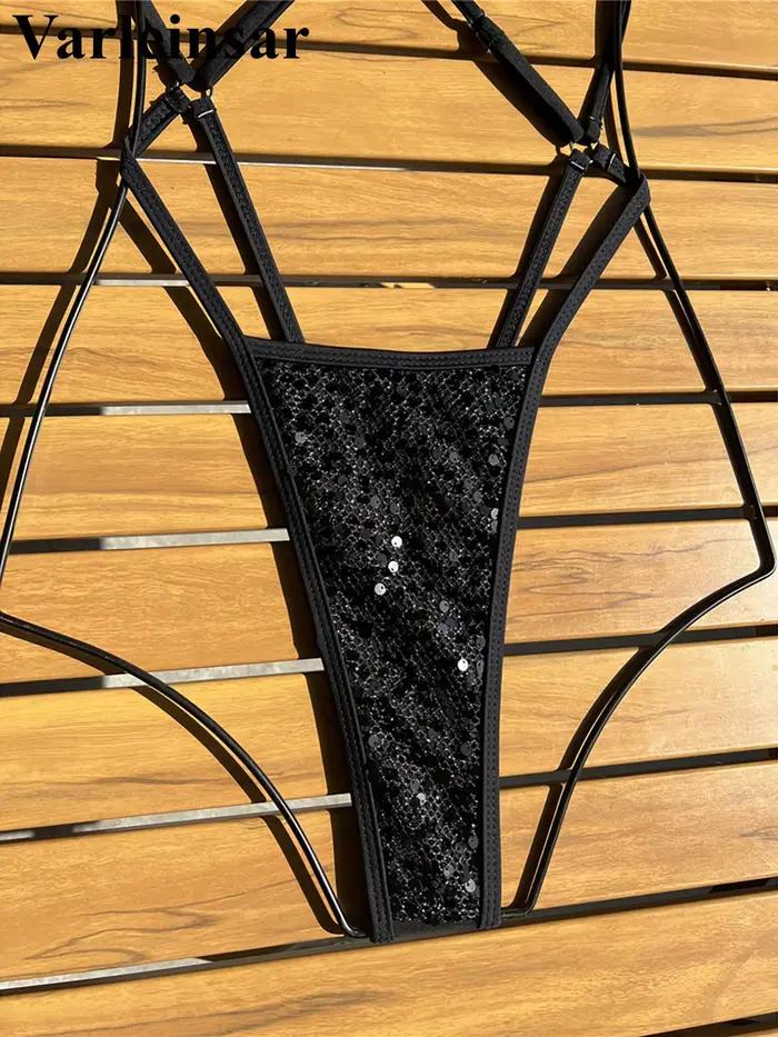 Maillot de bain une pièce micro string à paillettes brillantes pour femme