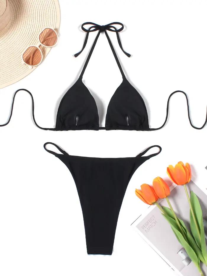 Nouveau Maillot de Bain Deux Pièces Noir 2026 – Bikini Sexy à Bretelles et Col Halter pour Femme – Tenue de Plage Estivale
