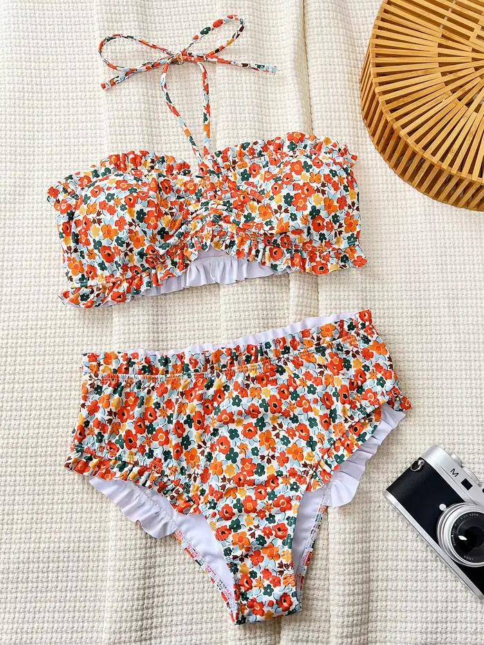 Bikini imprimé fleuri à épaules nues pour femme, ensemble deux pièces, taille haute, plissé, plage, mariage, vacances, piscine, spa, sources chaudes, sports nautiques, quotidien, croisière