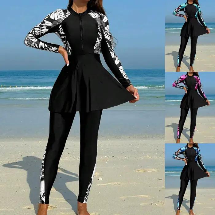 Burkini Femme Maillot de Bain Manches Longues Tunique Noire Legging Complet Fermeture Éclair Avant Protection Solaire Deux Pièces