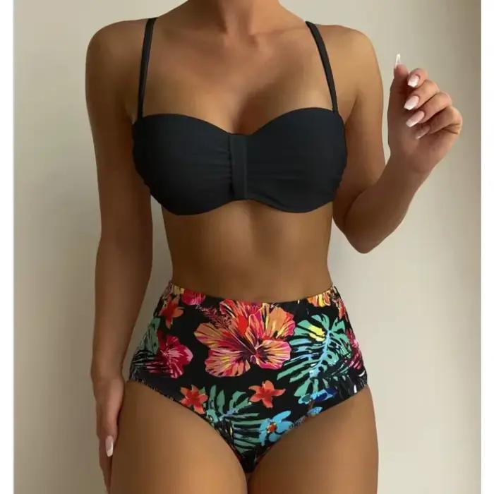 Sexy Bandeau Bikini femmes maillot de bain impression florale taille haute Bikinis ensemble femme été natation maillots