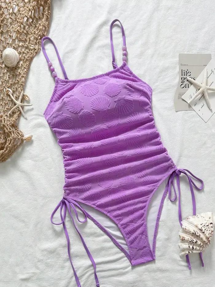Maillot de bain une pièce sexy violet imprimé coquillage 2026 pour femme avec bretelles perlées et cordon de serrage