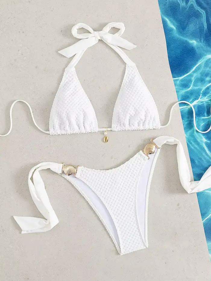 Bikini Élégant en Polyester Blanc avec Insertions en Métal Pour Plage, Mariage, Fêtes et Plus