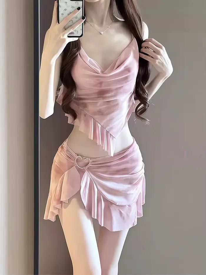 Nouveau Style coréen ensemble Bikini femmes rose dégradé volants Push Up maille jupe 3 pièces maillot de bain été