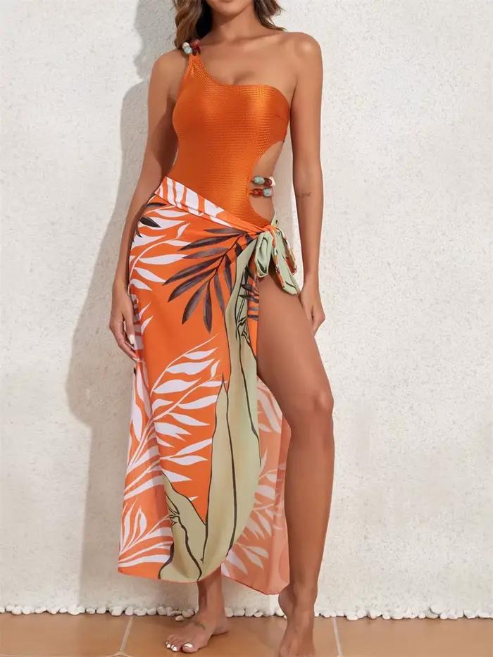 Nouveau Maillot de Bain Une Pièce Femme Orange Uni Épaule Dénudée Jupe Évidée Ensemble