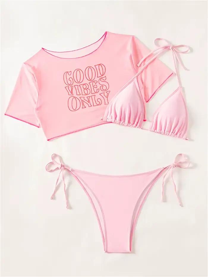 Bikini femme rose sexy à bretelles avec manches courtes et lettres, ensemble de plage estivale haut de gamme pour femmes occasions spéciales