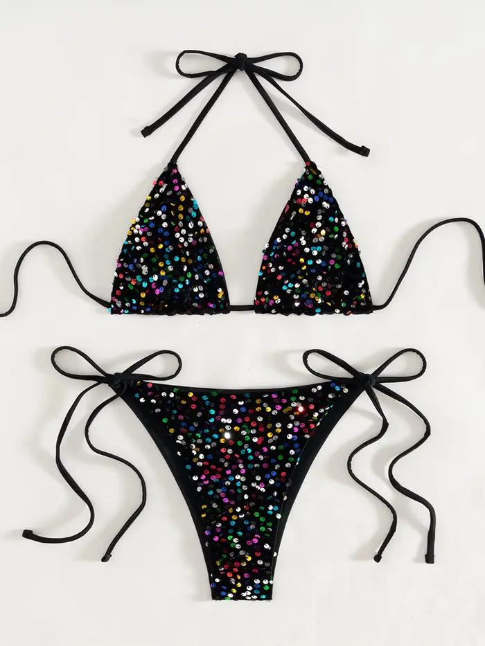 Bikini Rose à Paillettes Brillantes 2026 Femme Taille Basse Push-Up String à Nouer Plage Mariage Vacances Soirées Piscine
