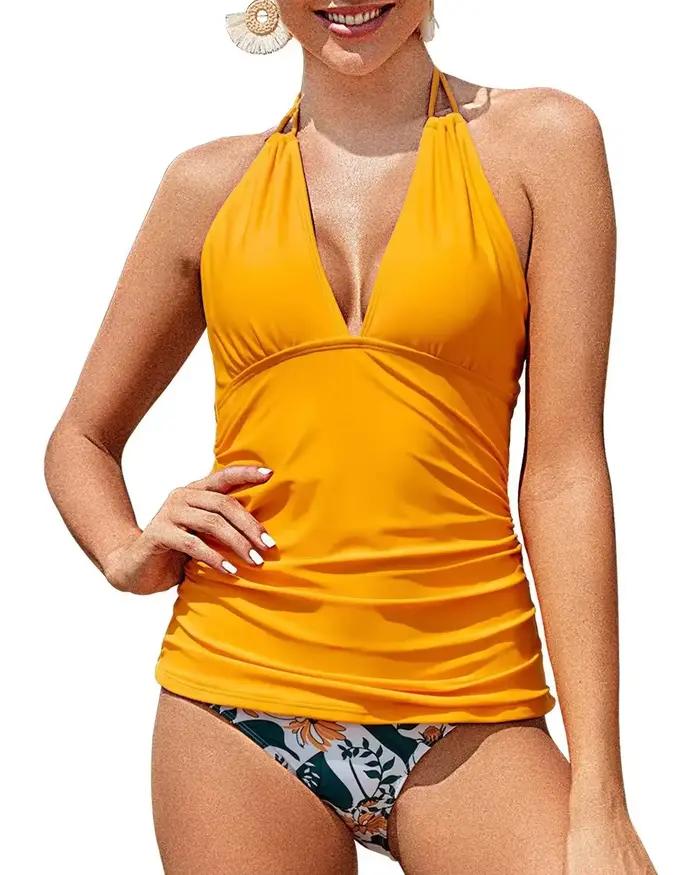 Nouveau Maillot de Bain à Lacets Femme Col en V Style Brésilien Camouflage Bikini Tankini Polyester Plage Occasions Spéciales