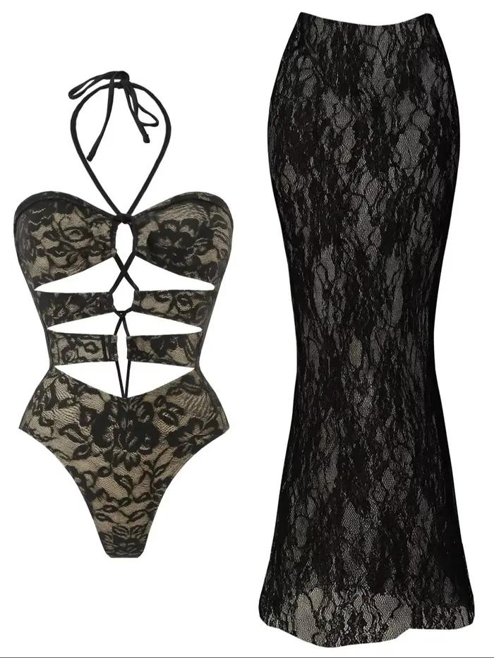 Maillot de bain une pièce en dentelle avec jupe