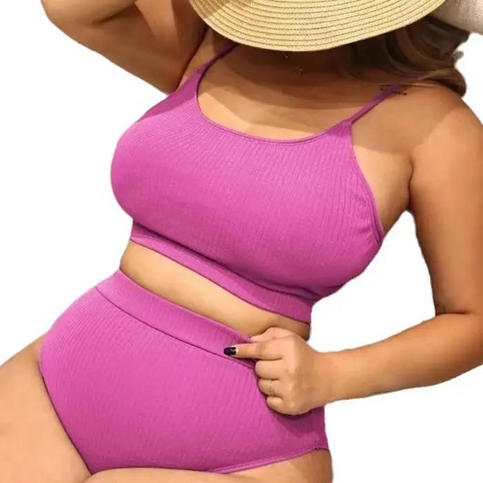  2025 nouveau 4XL femmes grande taille Bikini ensemble deux pièces couleur unie maillot de bain pour vacances ventre