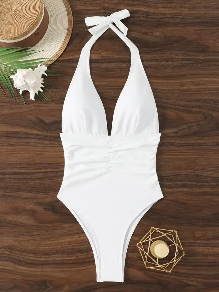 Maillot de bain une pièce sexy pour femmes avec col licou, plongeant, dos nu, polyesters et élasthanne pour nageurs, plage et activités estivales