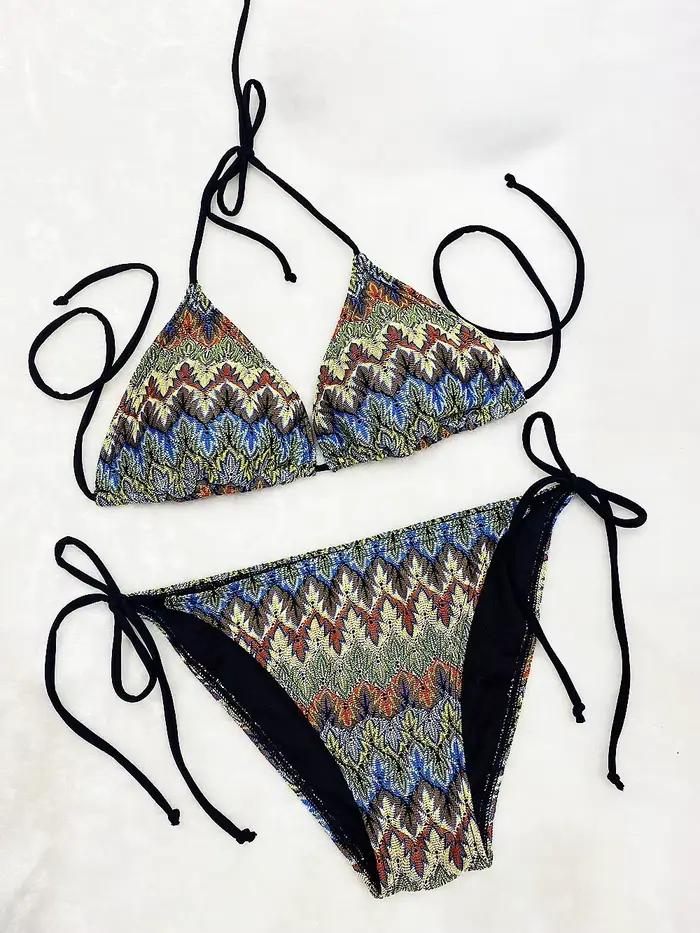 Micosoni Italie – Nouveauté Maillot de Bain Femme Tendance Été – Ensemble Bikini Taille Basse Tricoté Contrastant Rayé