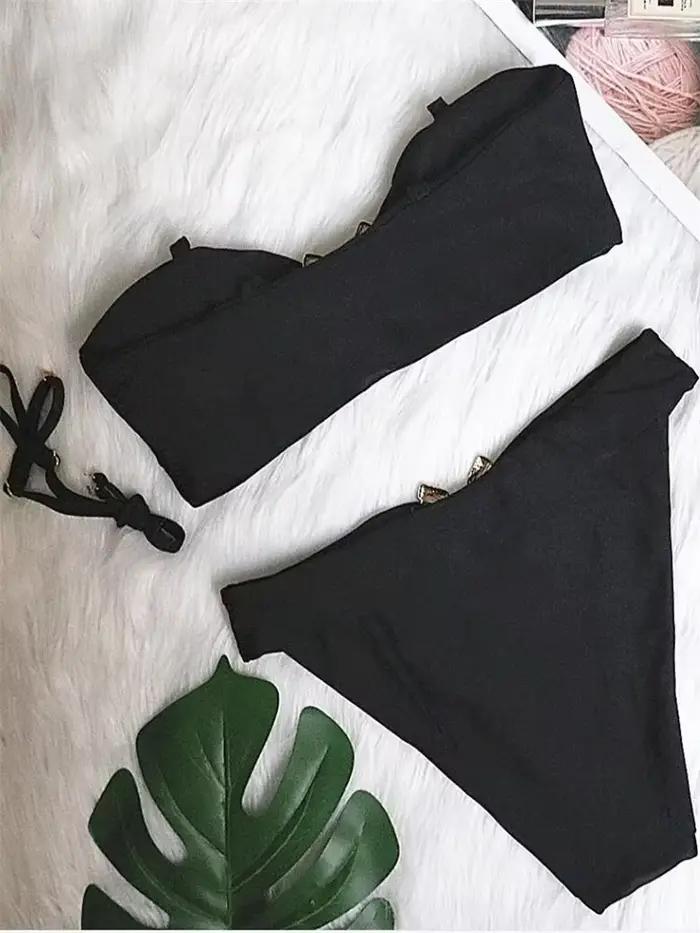 Maillot de bain brésilien sexy noir 2026 pour femme, bandeau, coupe haute, push-up rembourré, luxueux, avec strass, couleur unie