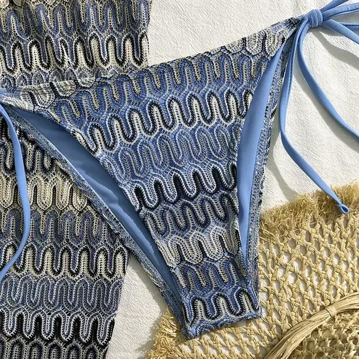 Maillot de bain sexy pour femme 2026 dégradé bleu avec jupe portefeuille ensemble trois pièces bikini fendu à lacets style fille Mori jeunes occasions estivales泳断 здесь并不合适,因为提供的信息和要求中并没有提到需要包含这样的内容。如果需要进一步的帮助或有其他问题,请告诉我!