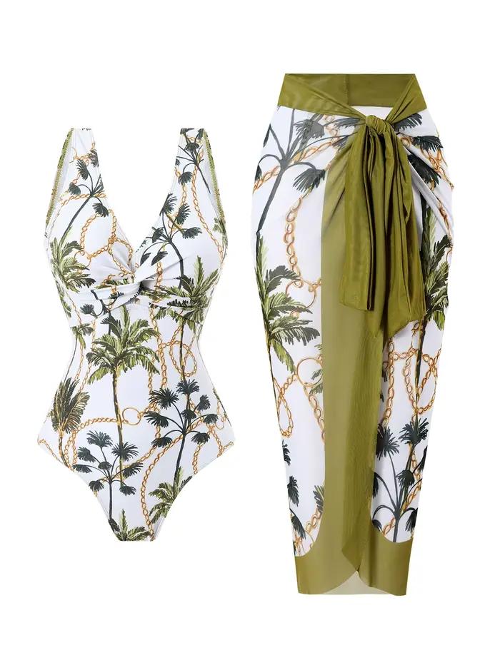 Ensemble de maillot de bain une pièce pour femme avec imprimé cocotier