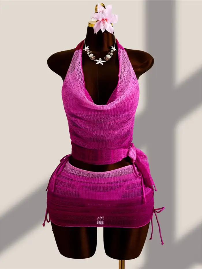 Ensemble de bikini quatre pièces avec jupe de plage, maillot de bain dégradé à col halter pour femme V8219