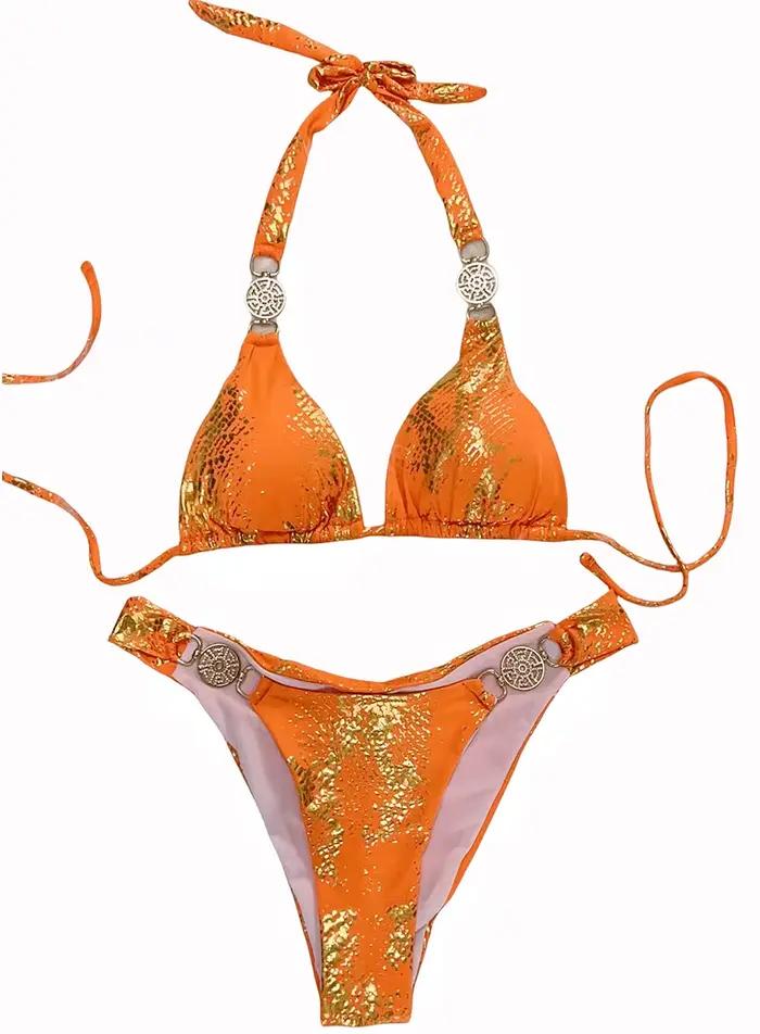 Peau de serpent imprimé licou diamant Bikini ensemble 2024 strass femmes maillots de bain