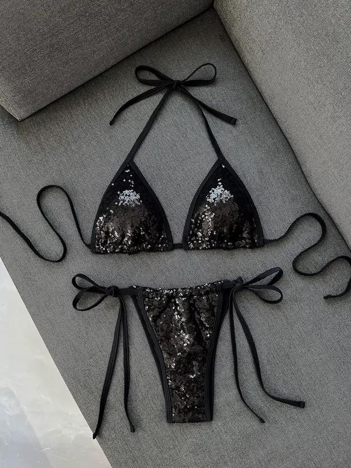 Micro bikini noir et rose à paillettes brillantes 2026 pour femme