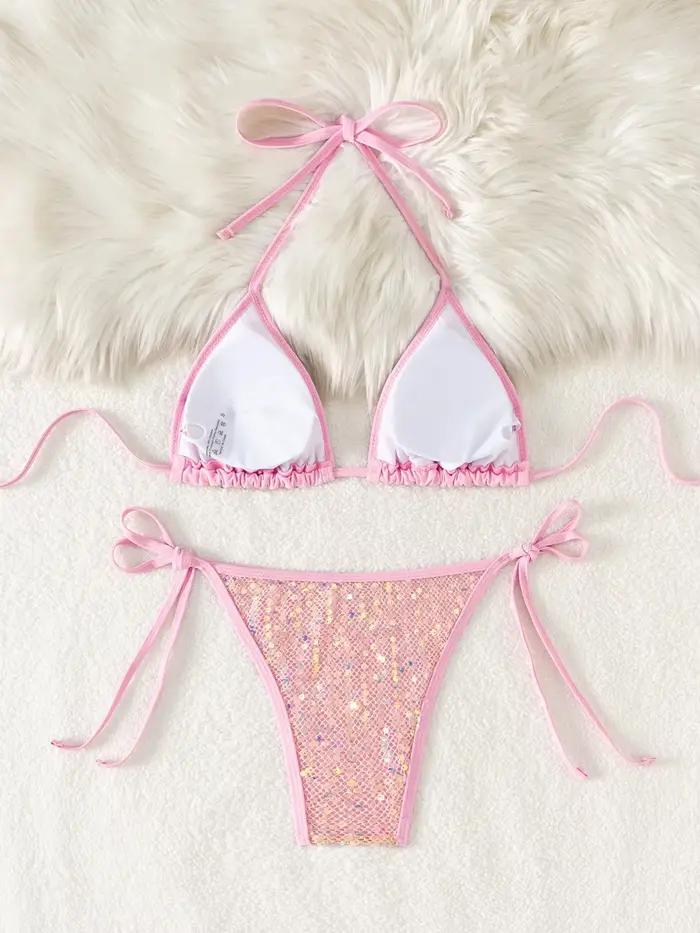Noir Paillettes Brillantes Bikini Ensemble Femmes Push Up Soutien-gorge Triangle Maillot de Bain Plage Occasions Spéciales