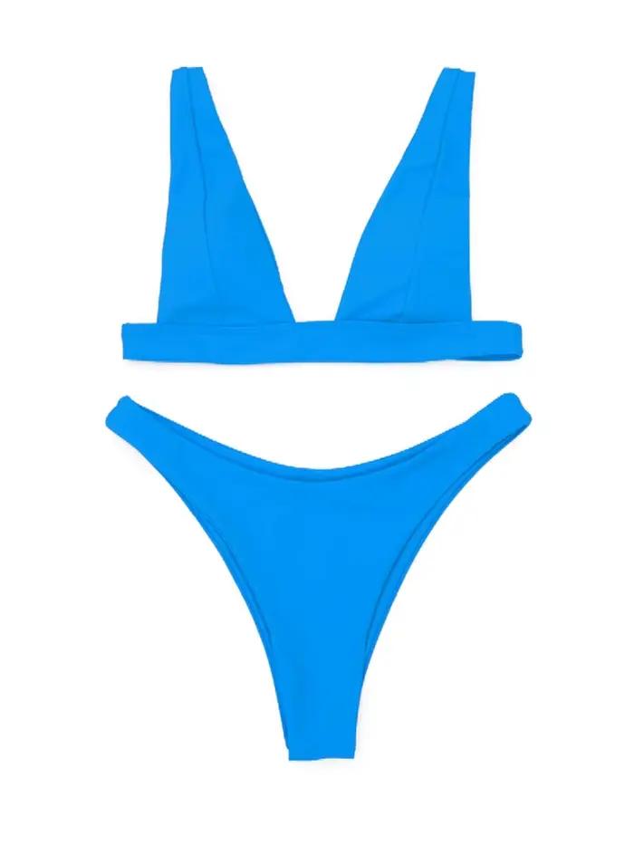 2023 nouveau Sexy solide Bikini femmes col en v maillots de bain deux pièces maillot