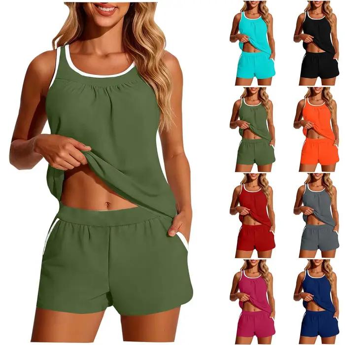 Nouvel ensemble de maillot de bain deux pièces ample pour femme 2026, style gilet couleur unie avec short, idéal pour la natation et les loisirs à la plage