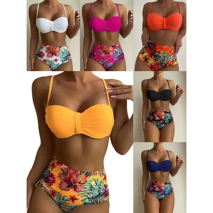Sexy Bandeau Bikini femmes maillot de bain impression florale taille haute Bikinis ensemble femme été natation maillots