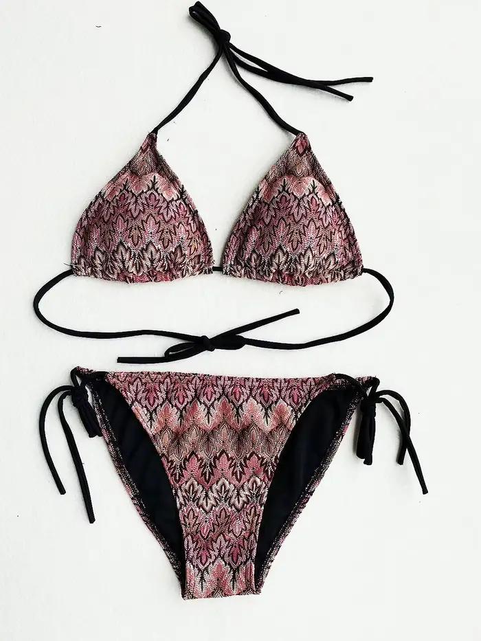 Micosoni Italie – Nouveauté Maillot de Bain Femme Tendance Été – Ensemble Bikini Taille Basse Tricoté Contrastant Rayé