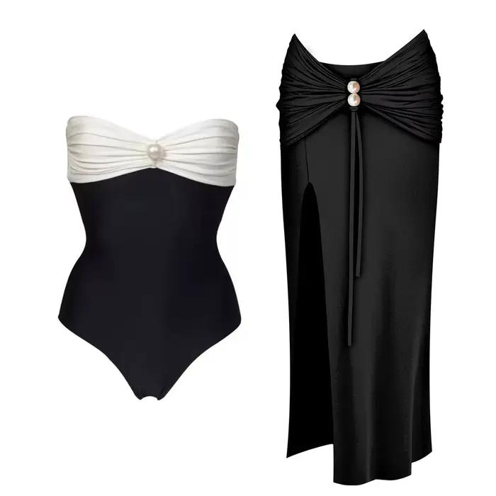 Maillot de bain une pièce patchwork avec cache-maillot sexy pour femmes, bikini perlé, bandeau uni, vêtement de plage, occassions estivales et cadeaux personnalisés