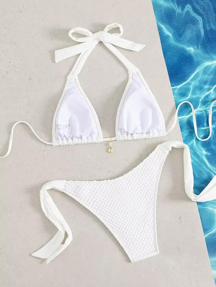 Bikini Élégant en Polyester Blanc avec Insertions en Métal Pour Plage, Mariage, Fêtes et Plus