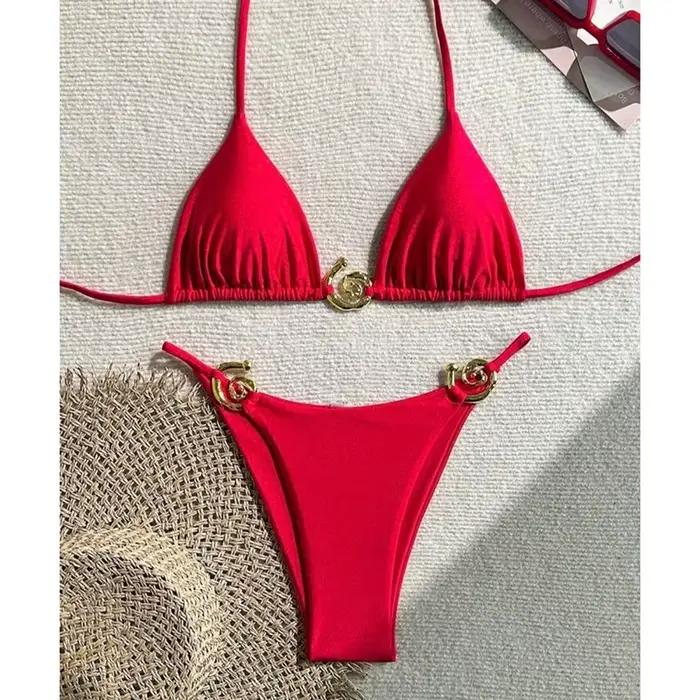 Métal Micro Bikini maillots de bain femmes Sexy à lacets Triangle licou coupe haute string