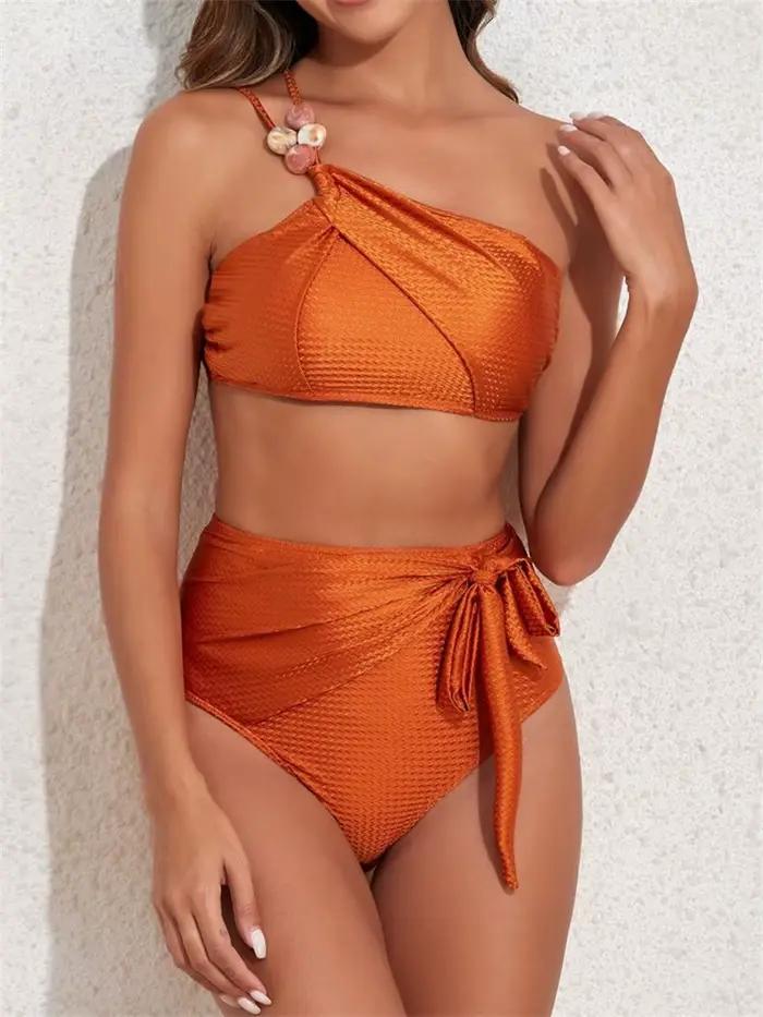 Nouveau Maillot de Bain Une Pièce Femme Orange Uni Épaule Dénudée Jupe Évidée Ensemble