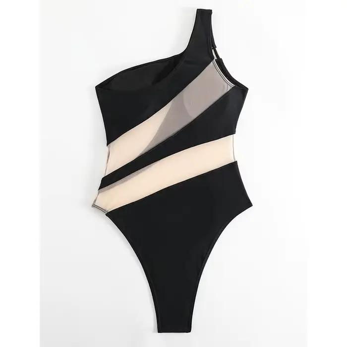 Maille Patchwork voir à travers maillot de bain femmes Sexy une épaule maigre une pièce