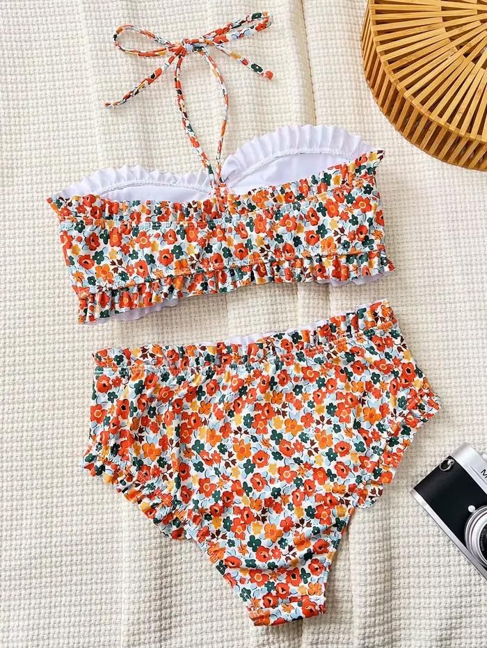 Bikini imprimé fleuri à épaules nues pour femme, ensemble deux pièces, taille haute, plissé, plage, mariage, vacances, piscine, spa, sources chaudes, sports nautiques, quotidien, croisière