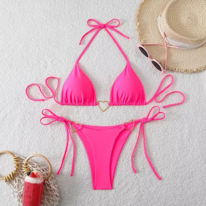 Ensemble de bikini sexy avec ornement en forme de cœur en métal 2026 Femmes Bleu Rose Halter Push Up Bra Thong Maillot