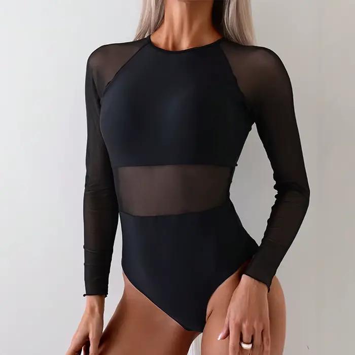 Maillot de bain une pièce en maille transparente épissé pour femmes