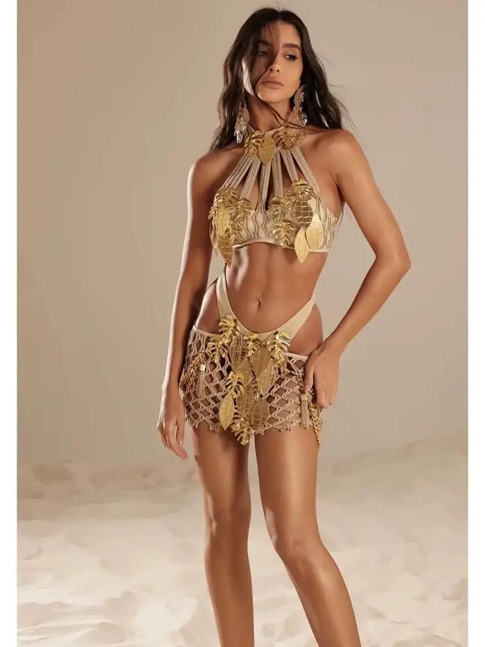 Sexy haute Nick Bikini femmes perles 3 pièces maillots de bain jupe soutien-gorge Mini