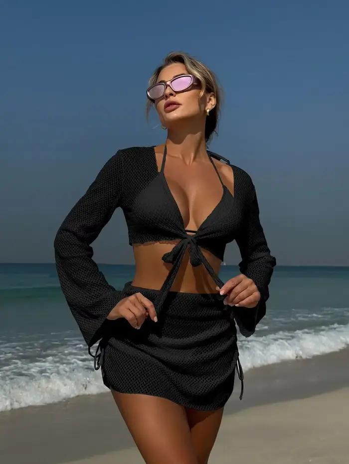 Été 4 pièces Bikini ensemble 2025 femmes Sexy noir à manches longues couvrir et jupe maillot de bain plage