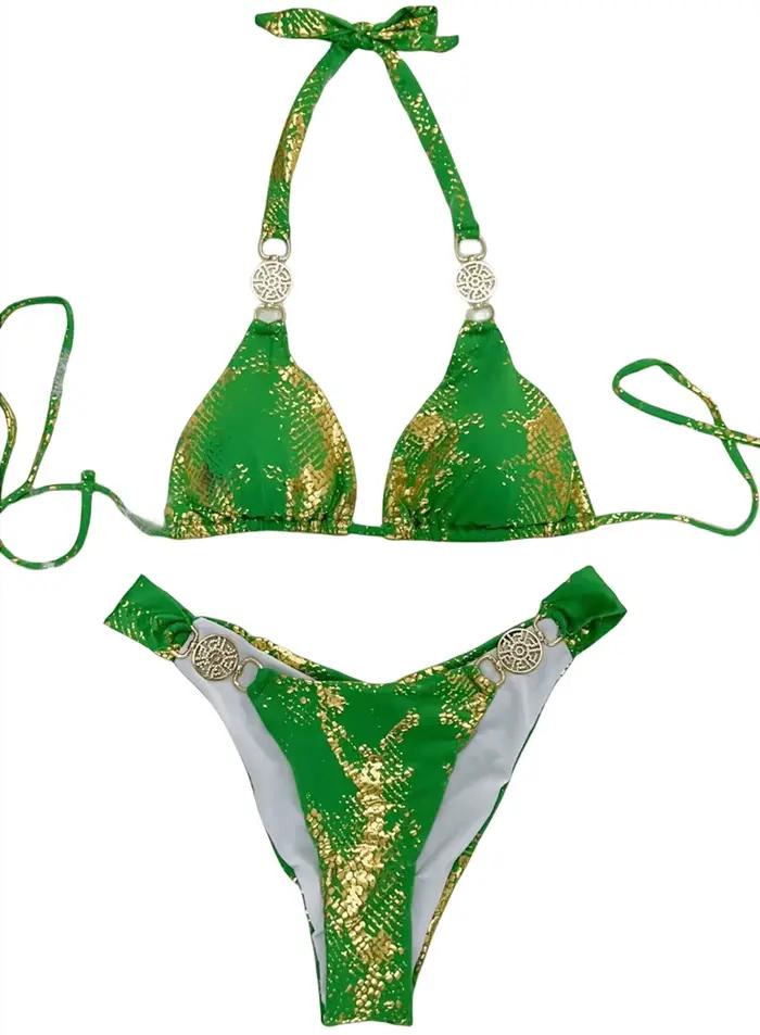 Peau de serpent imprimé licou diamant Bikini ensemble 2024 strass femmes maillots de bain